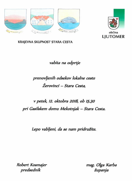 Vabilo na odprtje prenovljenih odsekov lokalne ceste Žerovinci - Stara Cesta, 12. 10. 2018.png